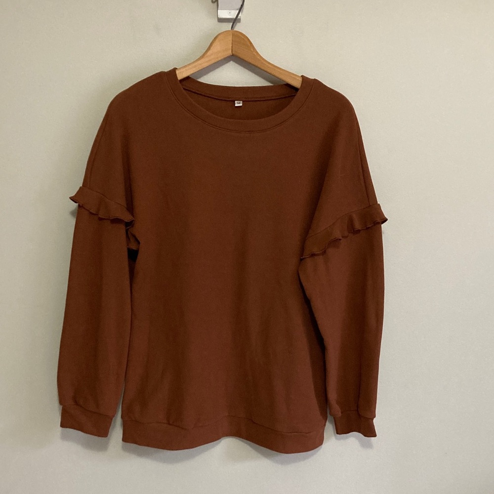 Brown Ruffle Sleeve Sweatshirt, women’s size medium, crewneck, super soft